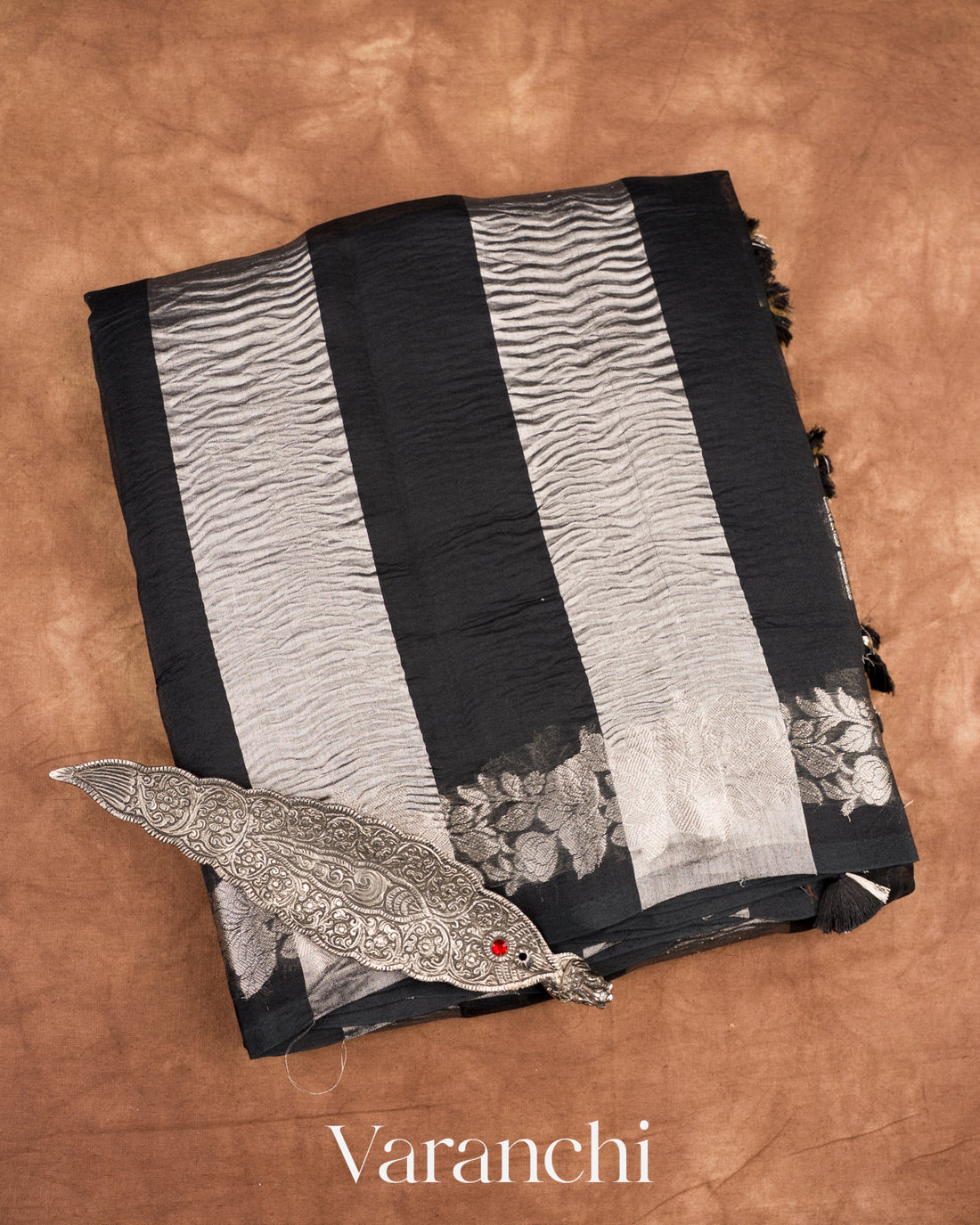 Jet Black Tissue Striped Pure Kora Silk Saree