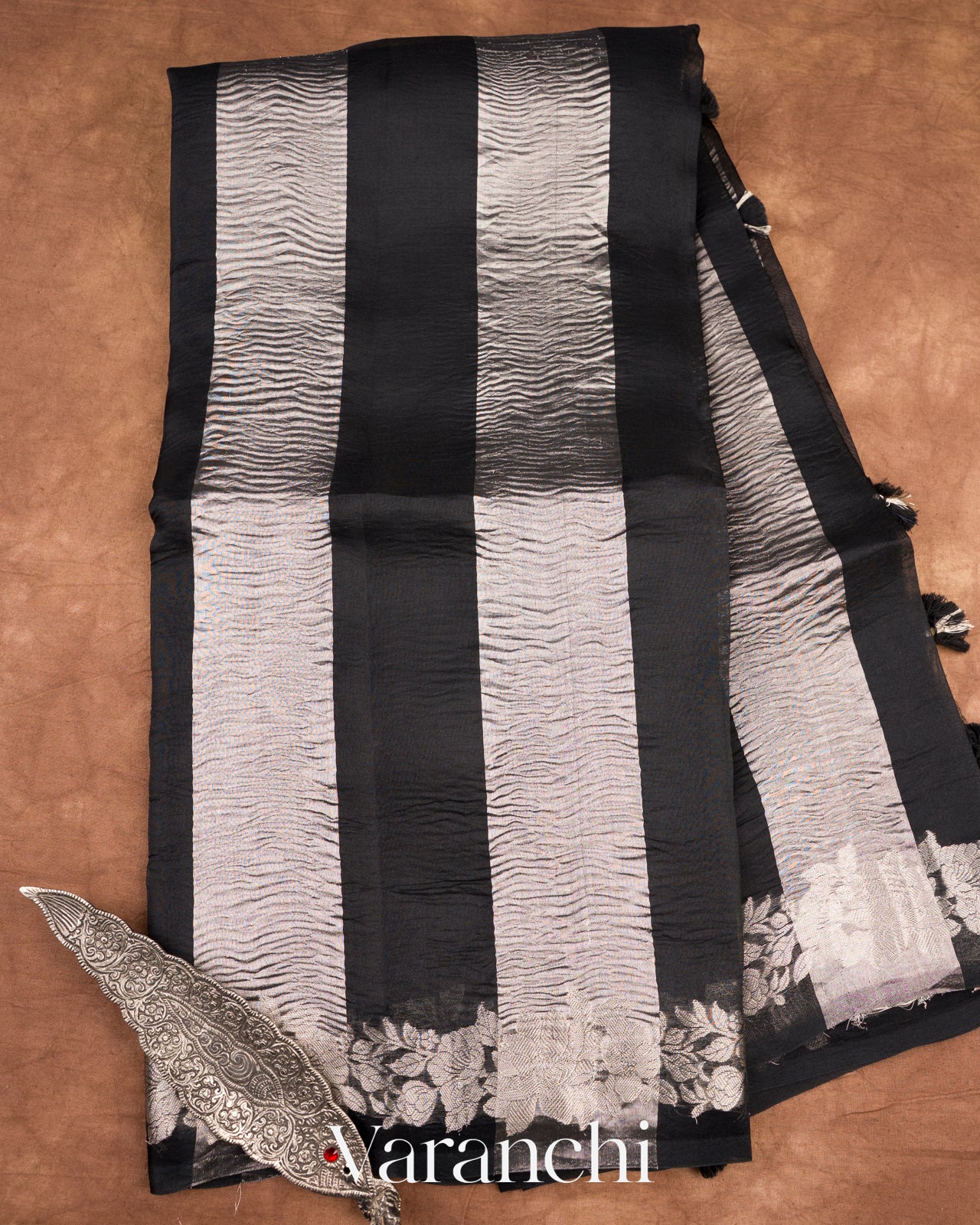 Jet Black Tissue Striped Pure Kora Silk Saree