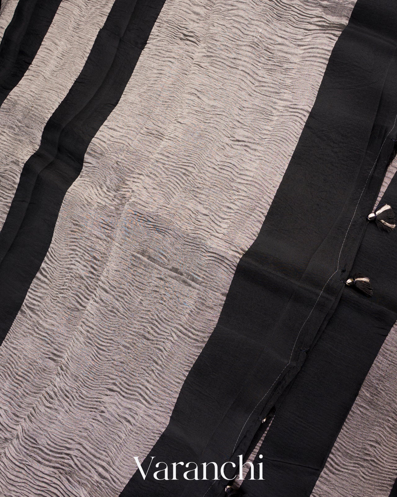 Jet Black Tissue Striped Pure Kora Silk Saree