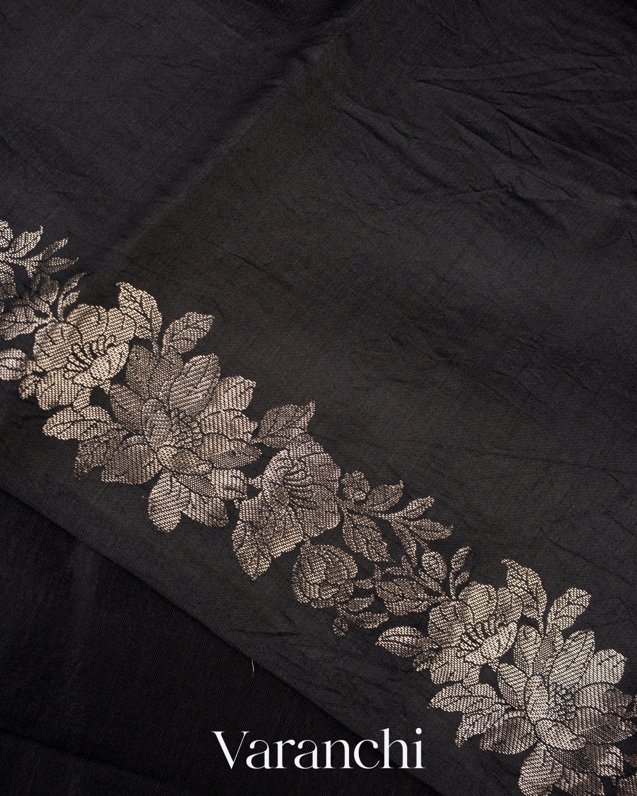 Jet Black Tissue Striped Pure Kora Silk Saree