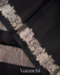 Jet Black Tissue Striped Pure Kora Silk Saree