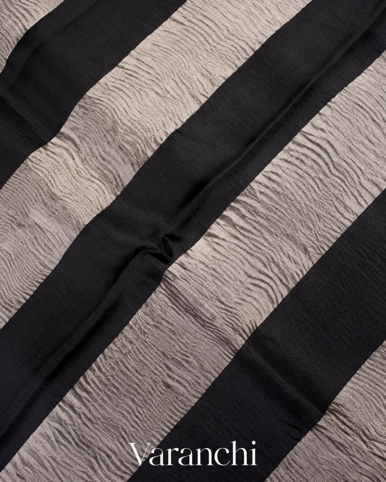Jet Black Tissue Striped Pure Kora Silk Saree