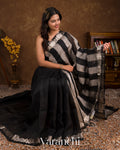 Jet Black Tissue Striped Pure Kora Silk Saree