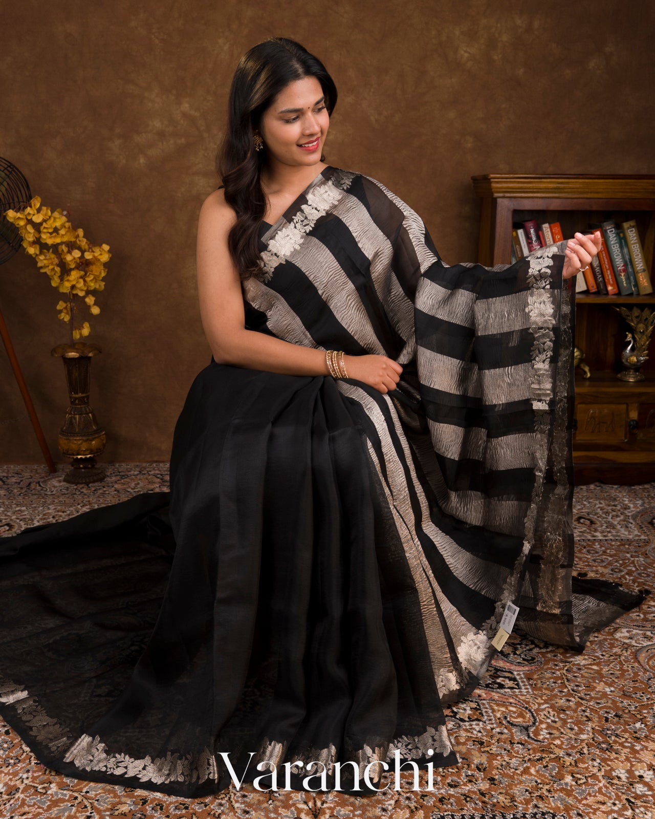 Jet Black Tissue Striped Pure Kora Silk Saree
