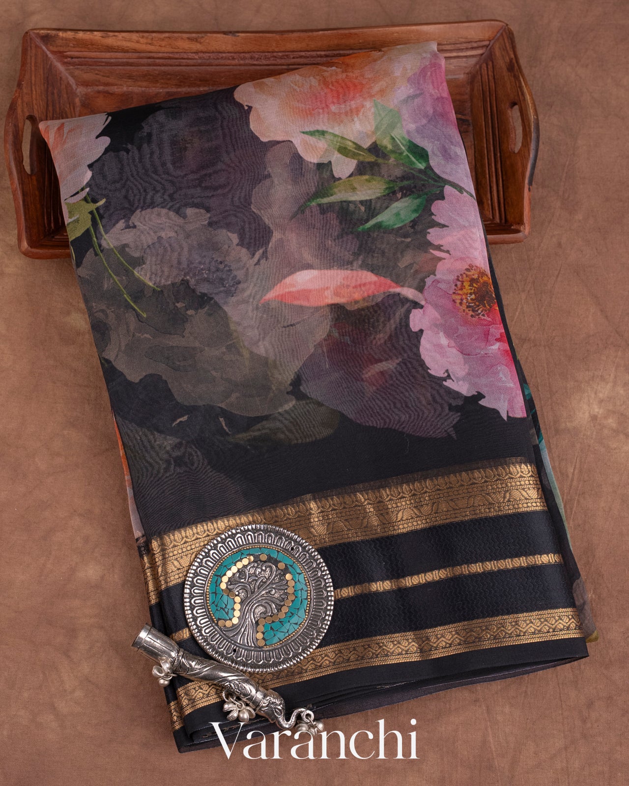 Black Floral Printed Pure Tissue Kora Silk Saree