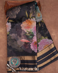 Black Floral Printed Pure Tissue Kora Silk Saree