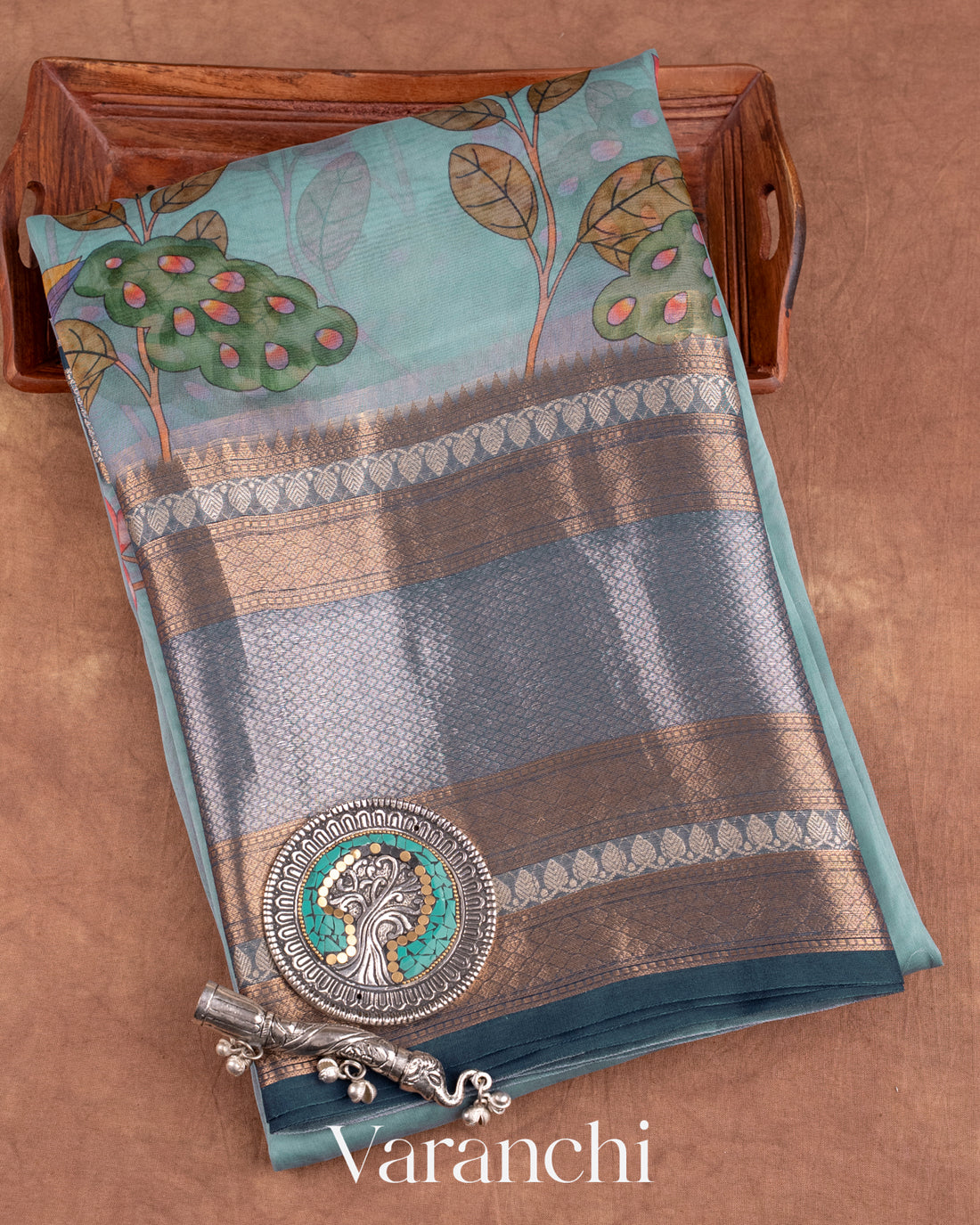 Soft Teal Blue Printed Pure Kora Silk Saree