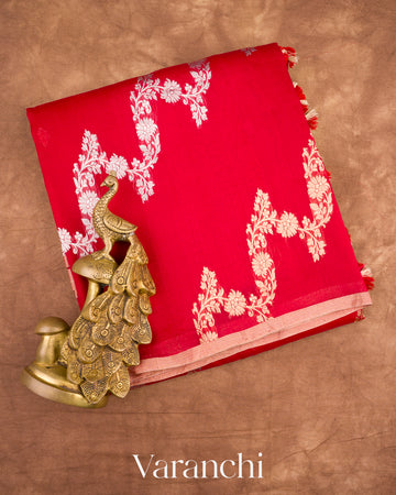 Bright Red Lehariya Pure Kora Silk Handloom Saree