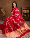 Bright Red Lehariya Pure Kora Silk Handloom Saree