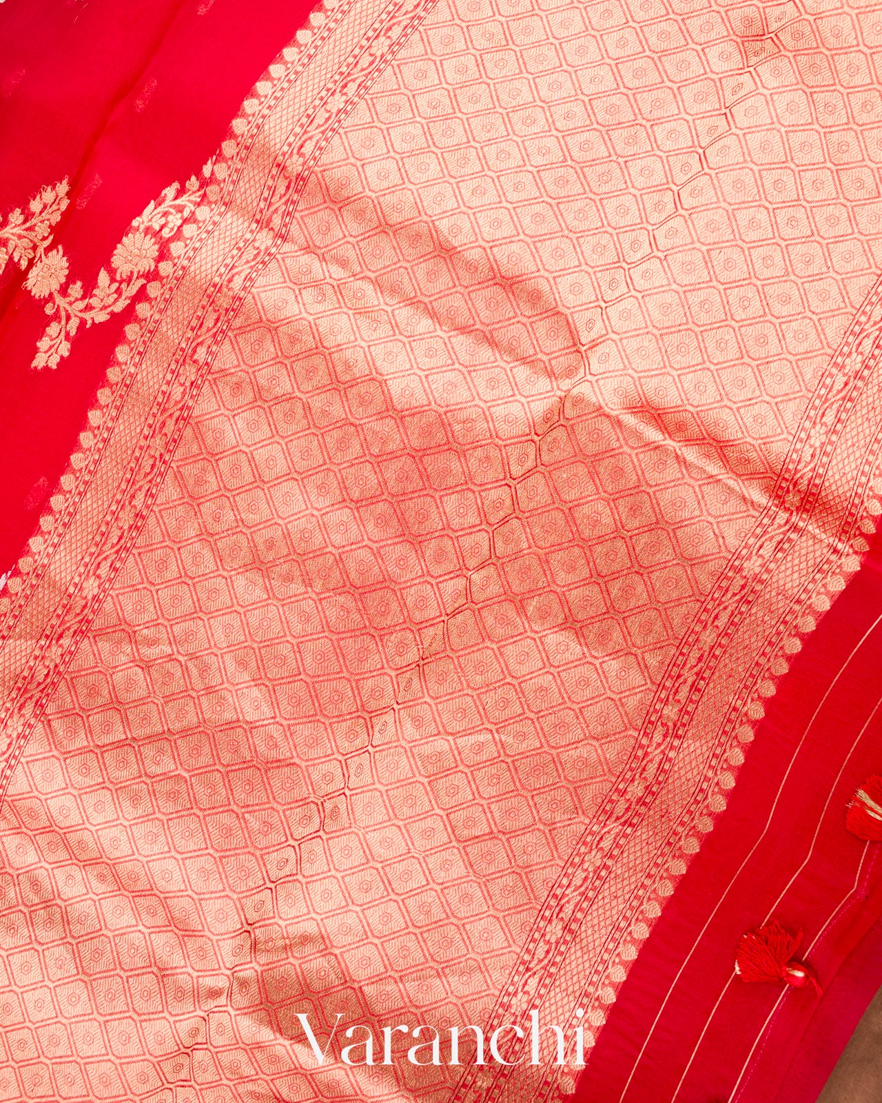 Bright Red Lehariya Pure Kora Silk Handloom Saree