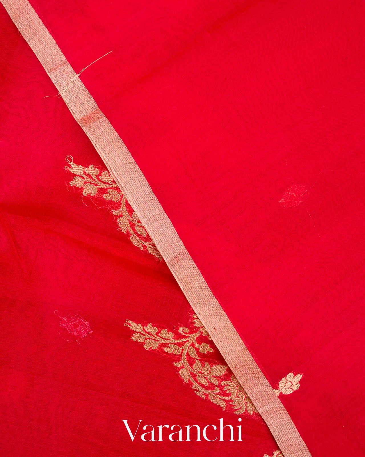 Bright Red Lehariya Pure Kora Silk Handloom Saree