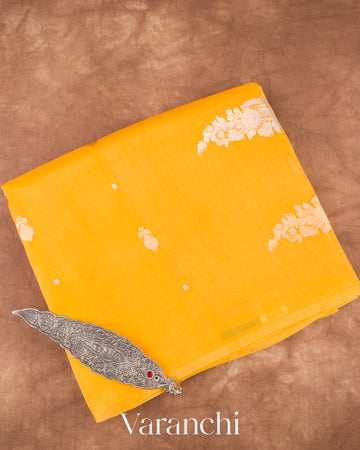 Bright Marigold Yellow Borderless Pure Kora Silk Handloom Saree