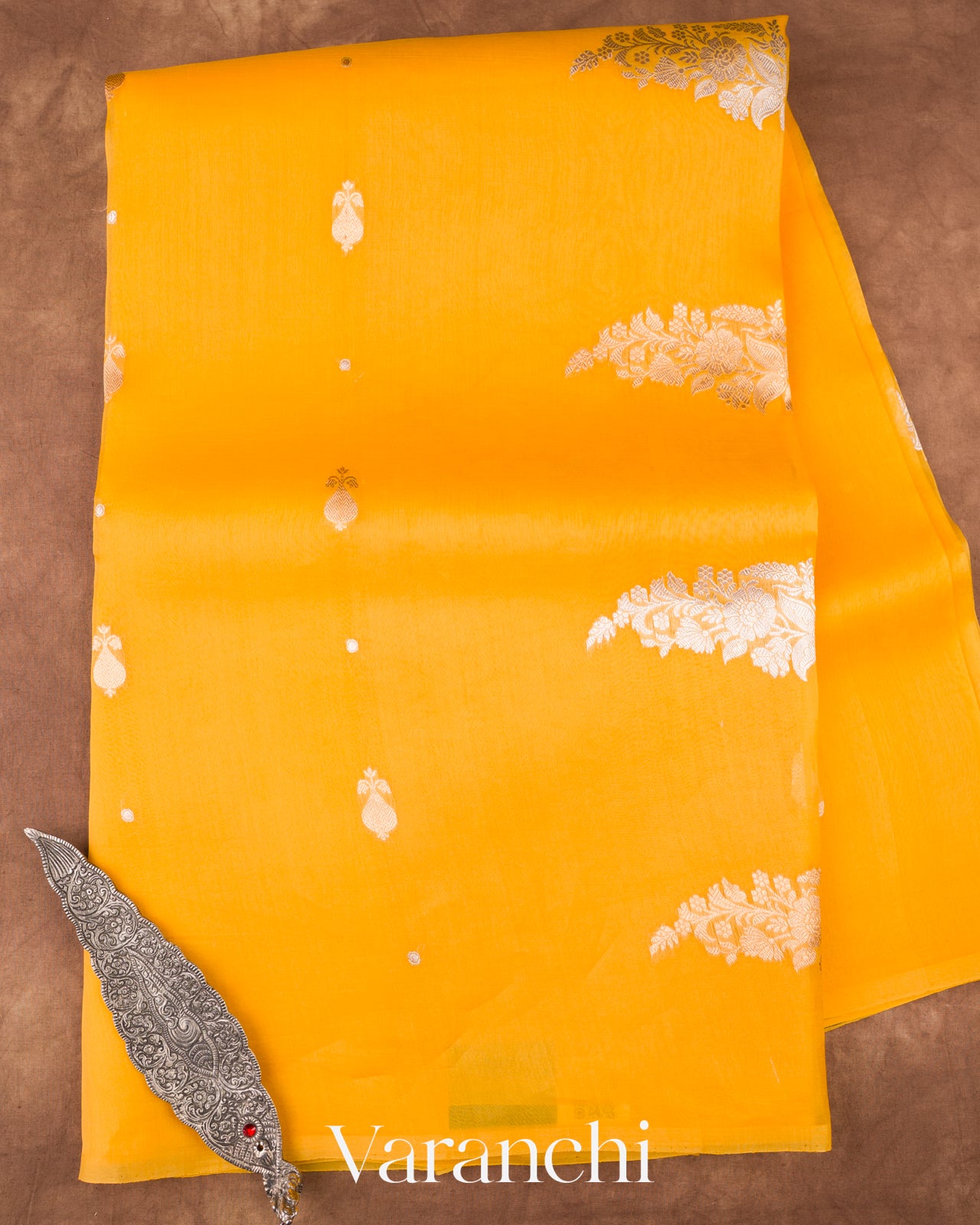 Bright Marigold Yellow Borderless Pure Kora Silk Handloom Saree