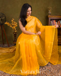 Bright Marigold Yellow Borderless Pure Kora Silk Handloom Saree