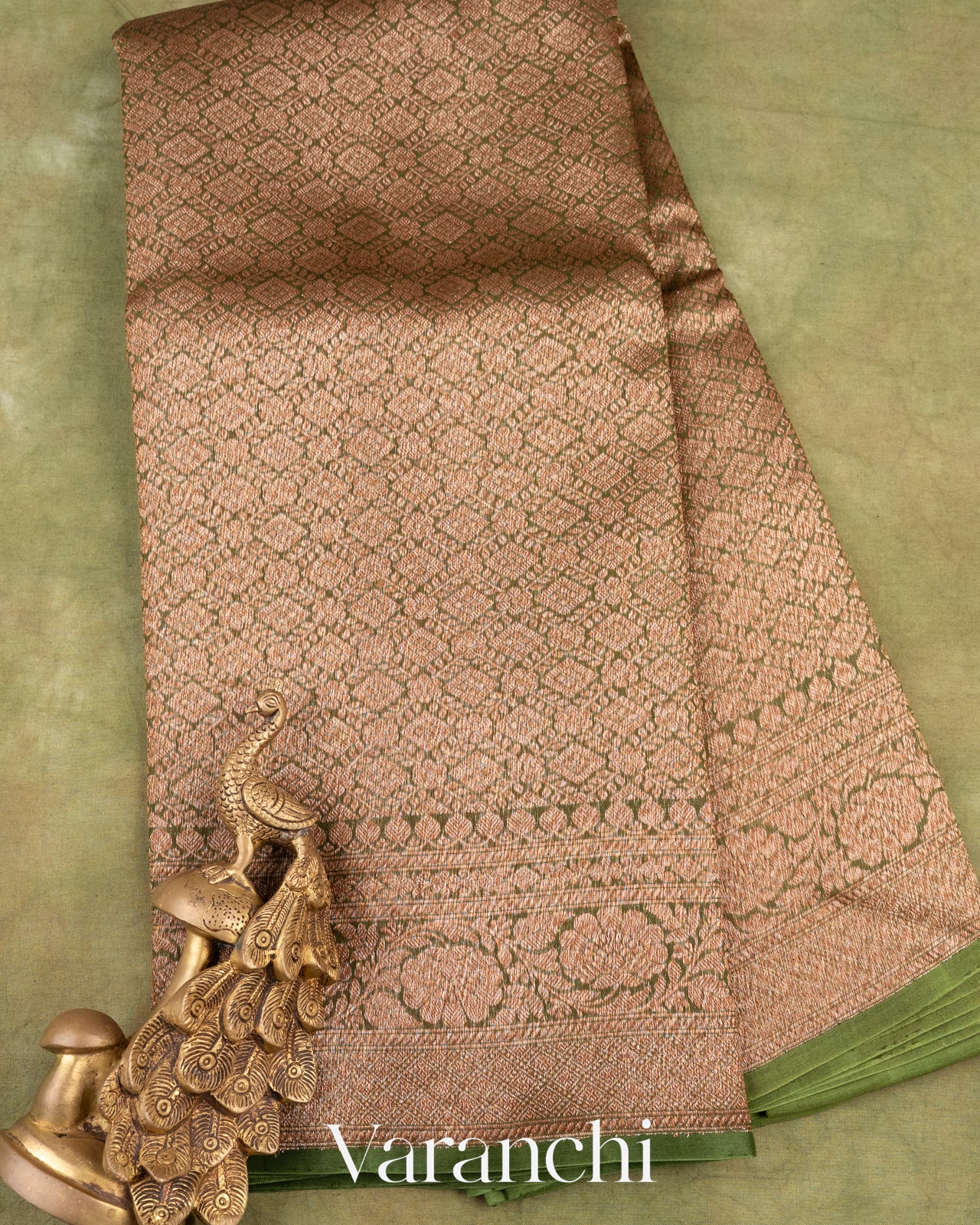 Mehandi Green Heavy Brocade Pure Kora Silk Handloom Saree