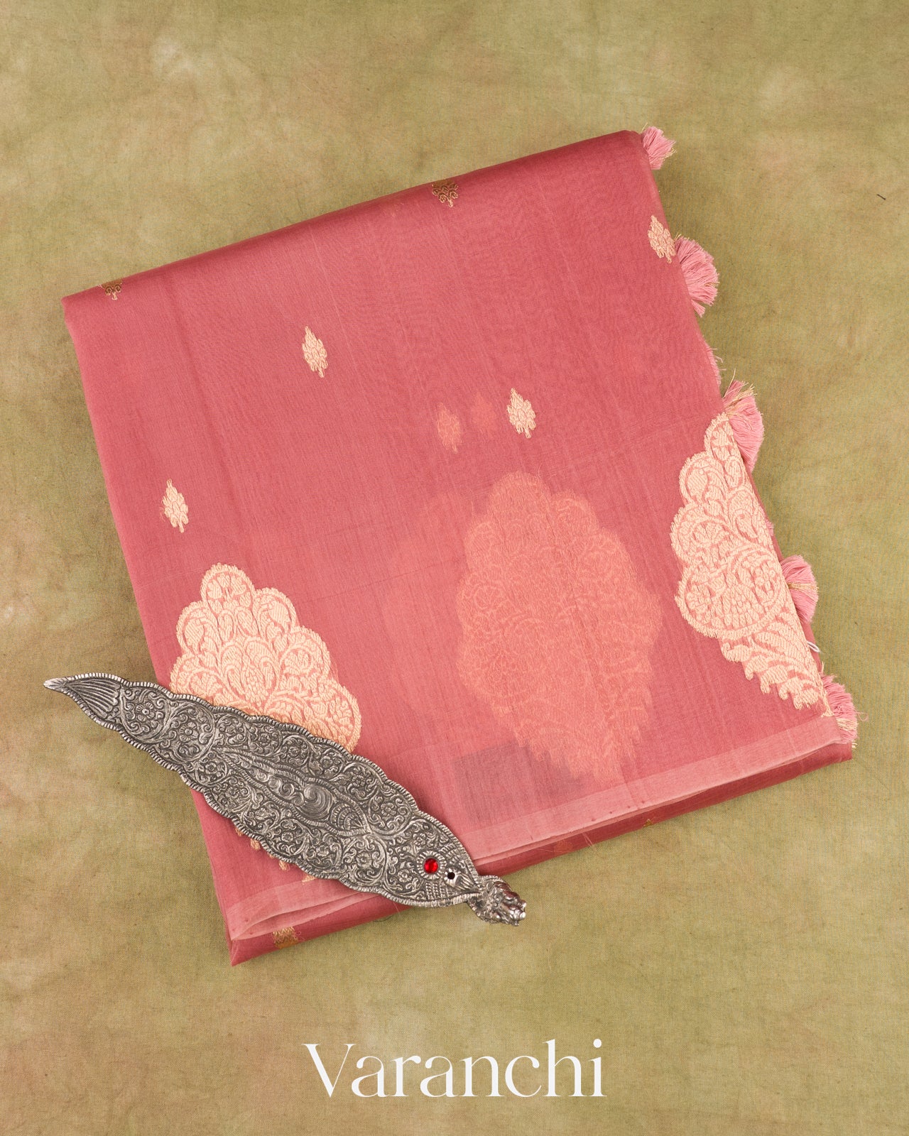 Dusty Coral Pink Borderless Pure Kora Silk Handloom Saree