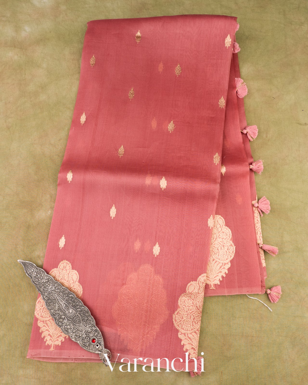Dusty Coral Pink Borderless Pure Kora Silk Handloom Saree