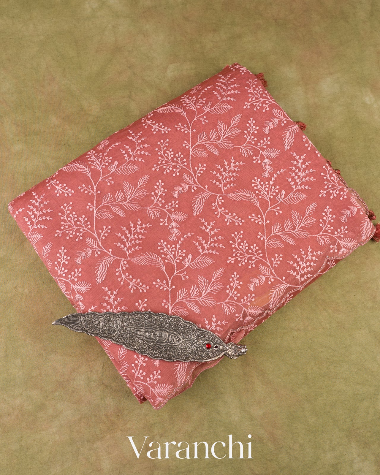 Coral Rose Embroidered Pure Kora Silk Saree