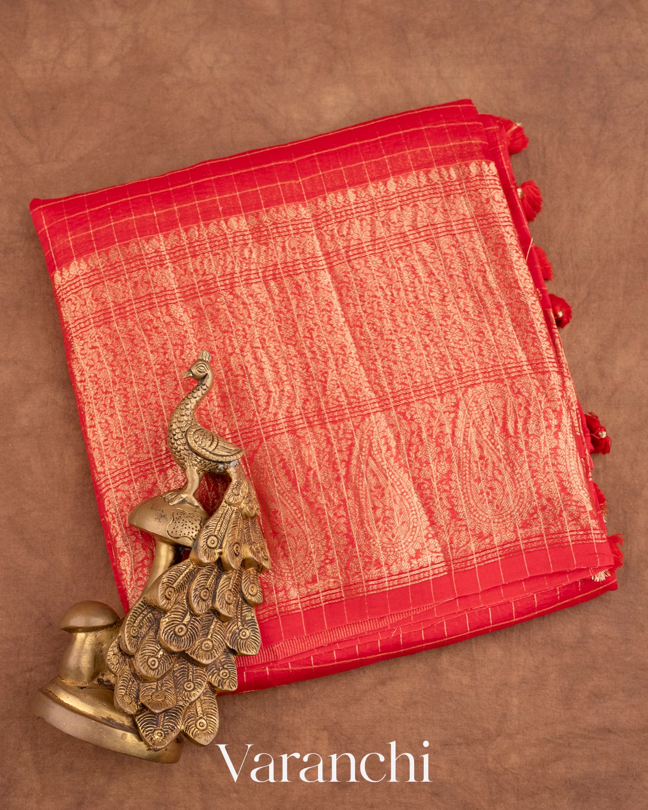 Bright Red Pure Crush Kora Silk Saree