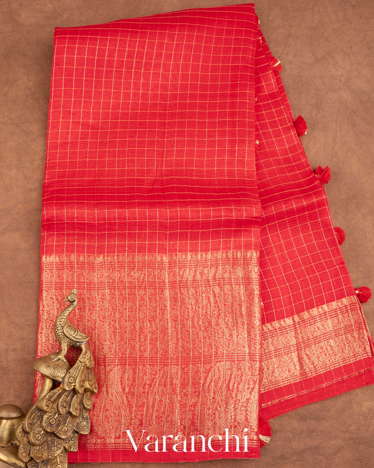 Bright Red Pure Crush Kora Silk Saree