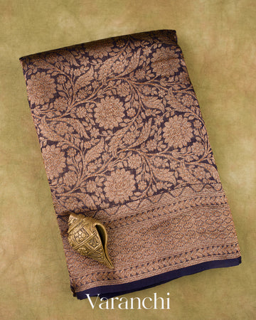 Navy Blue Heavy Brocade Pure Kora Silk Handloom Saree