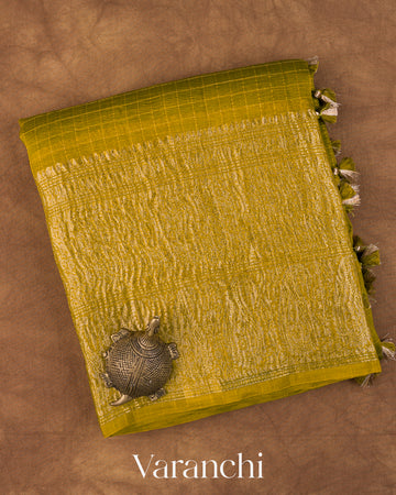Olive Green Checks Pure Crush Kora Silk Saree 