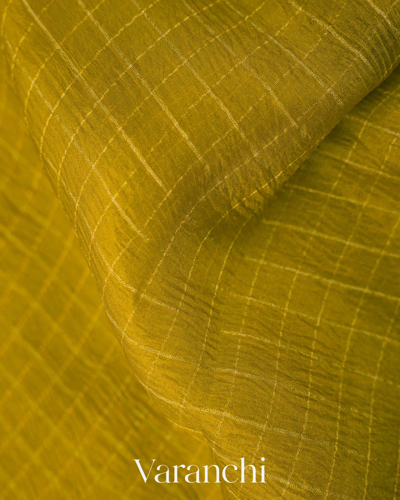 Olive Green Checks Pure Crush Kora Silk Saree 