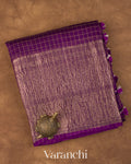 Deep Purple Checks Pure Crush Kora Silk Saree
