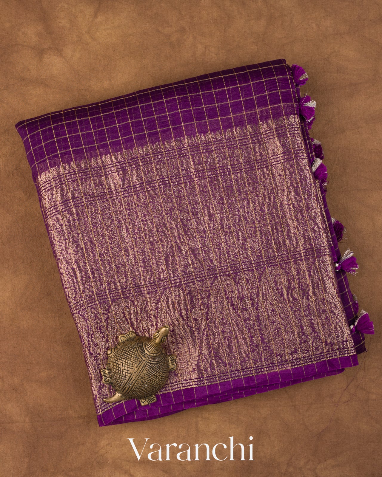 Deep Purple Checks Pure Crush Kora Silk Saree