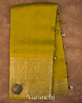 Olive Green Checks Pure Crush Kora Silk Saree 
