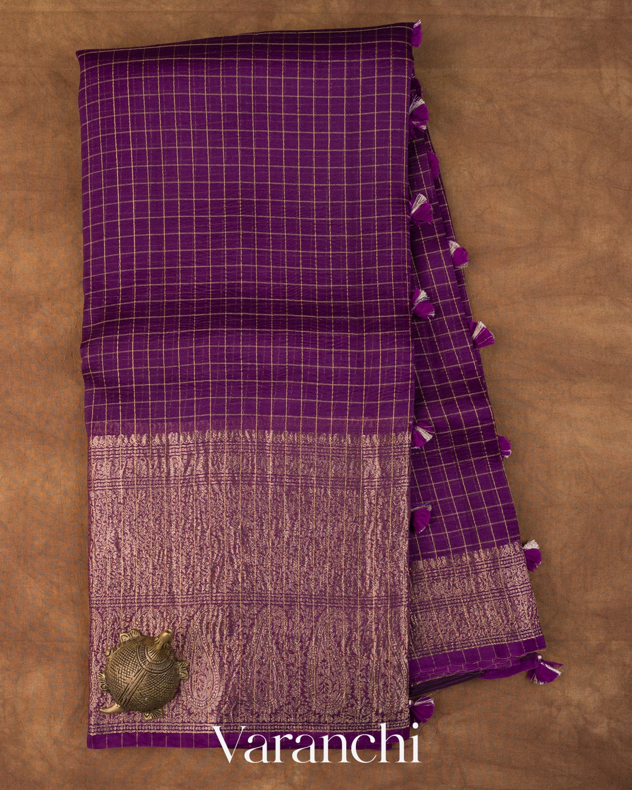 Deep Purple Checks Pure Crush Kora Silk Saree