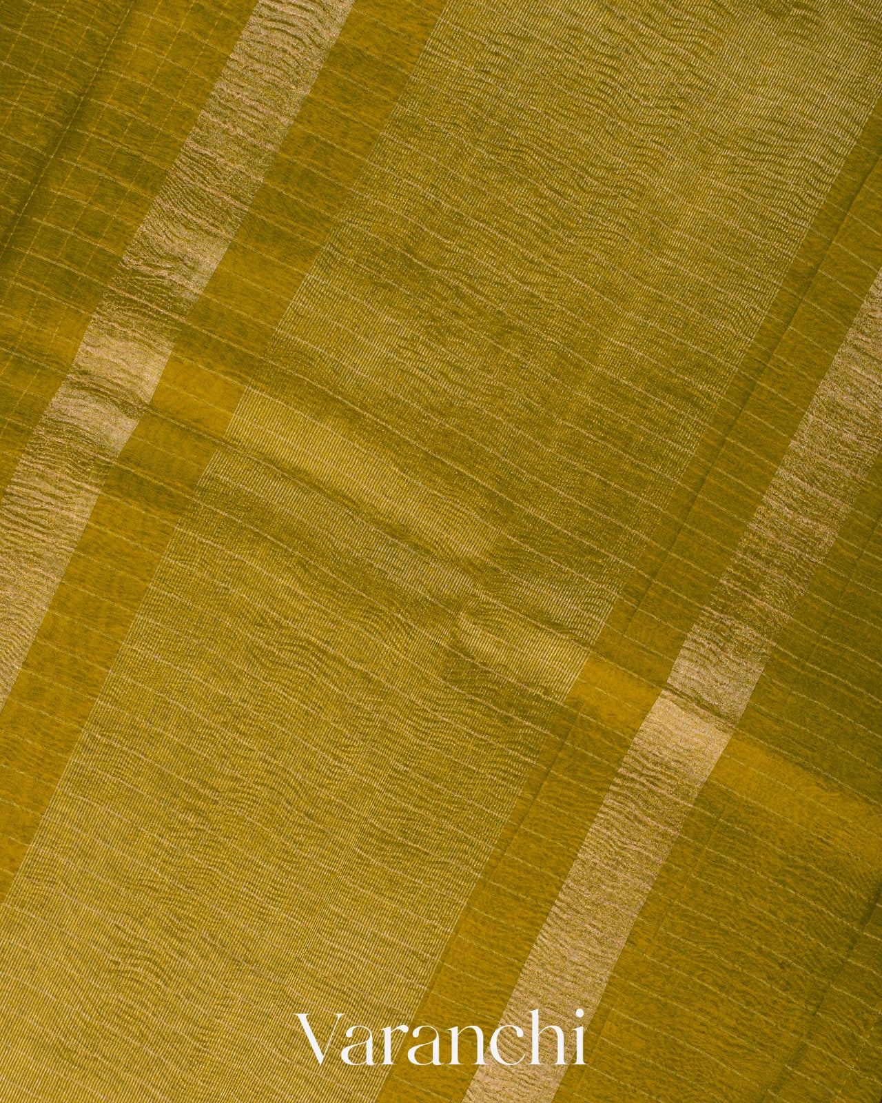 Olive Green Checks Pure Crush Kora Silk Saree 
