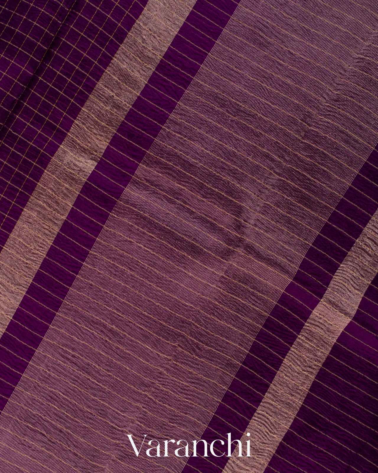 Deep Purple Checks Pure Crush Kora Silk Saree