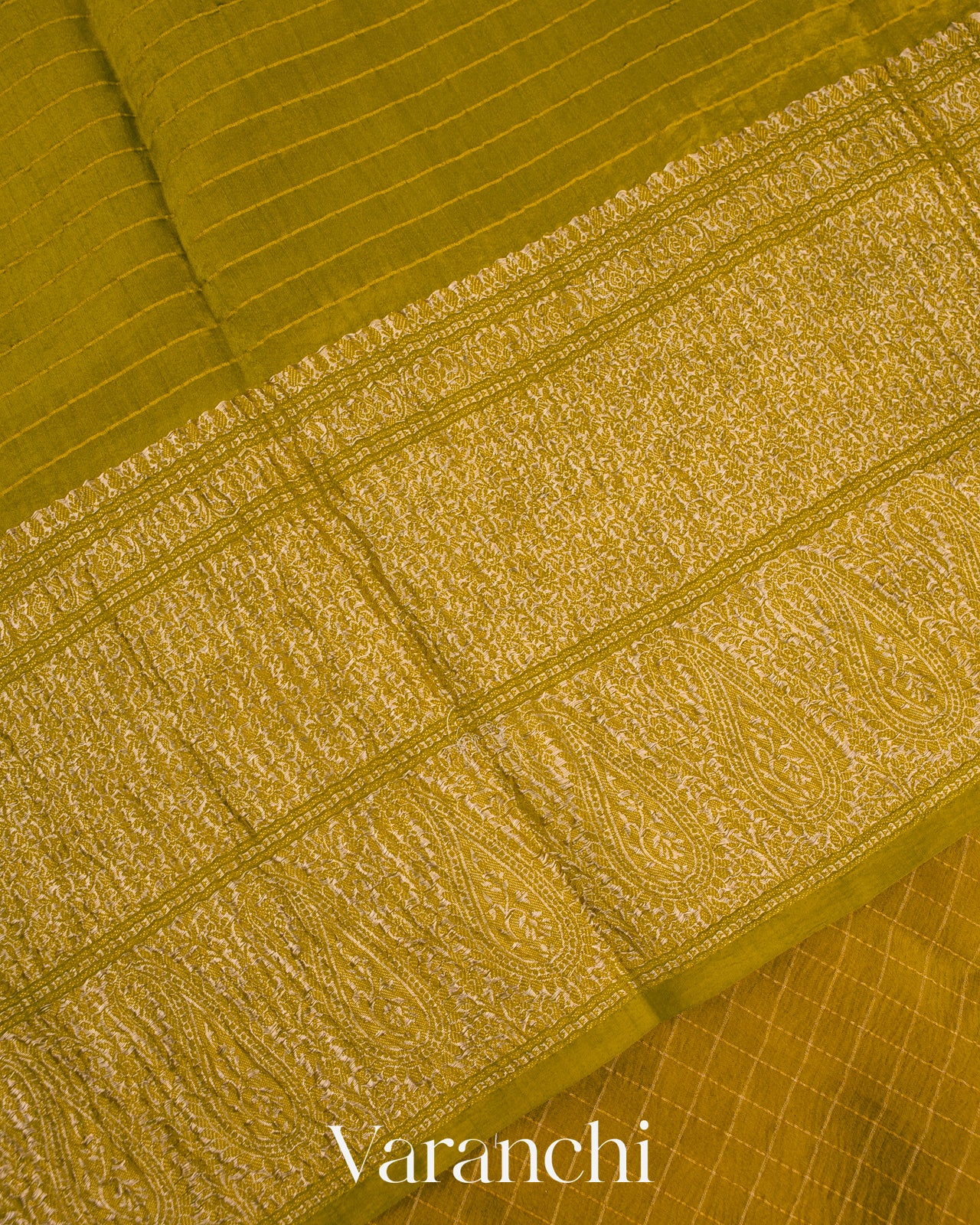 Olive Green Checks Pure Crush Kora Silk Saree 