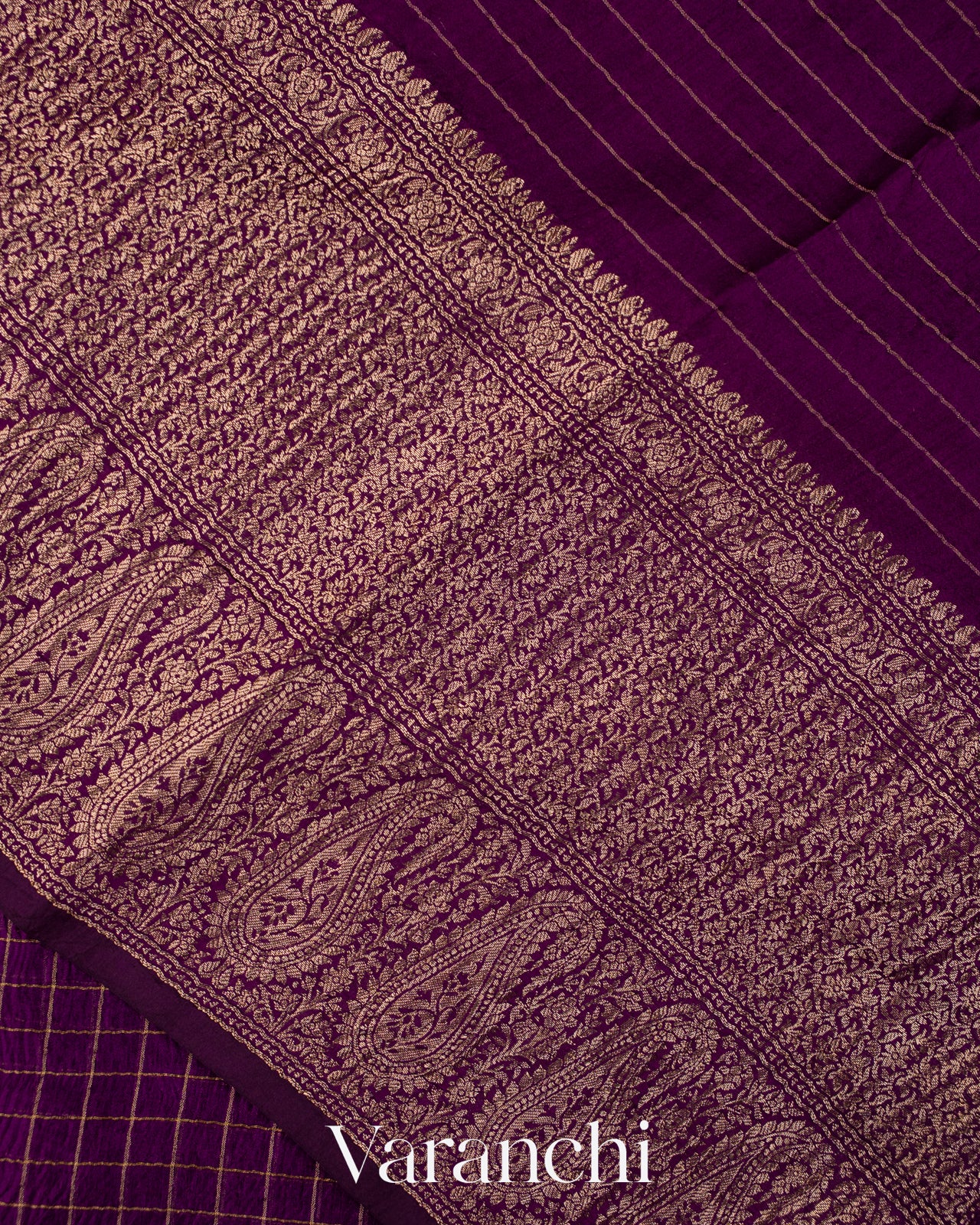 Deep Purple Checks Pure Crush Kora Silk Saree