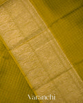 Olive Green Checks Pure Crush Kora Silk Saree 