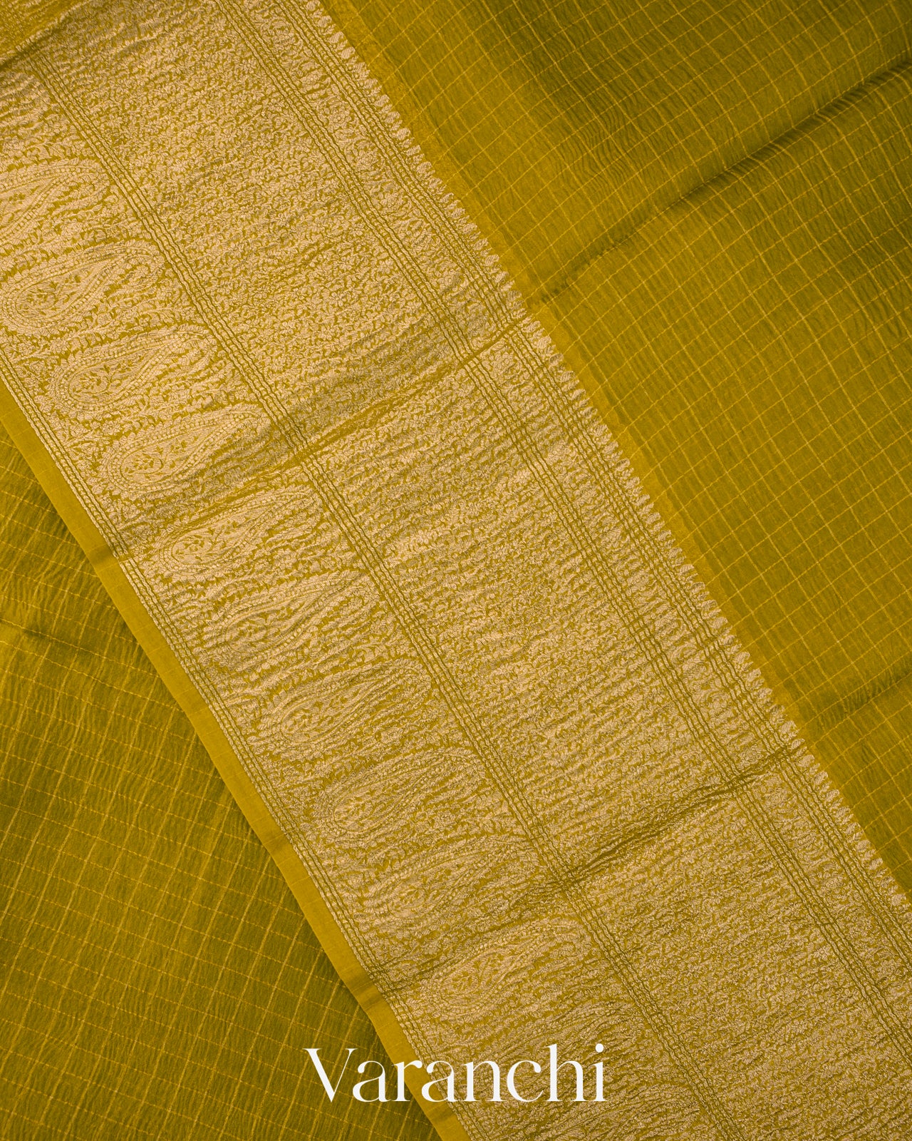 Olive Green Checks Pure Crush Kora Silk Saree 