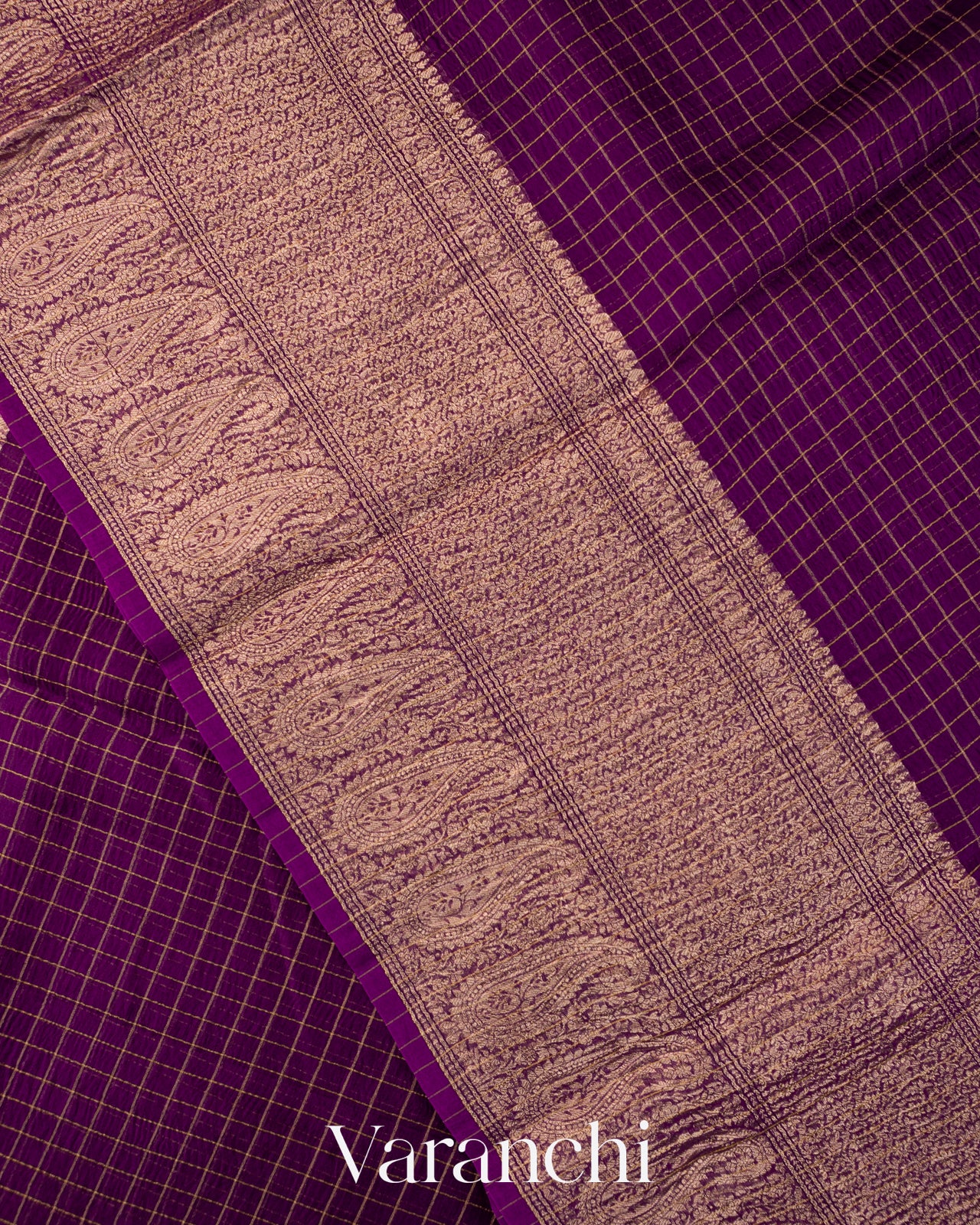 Deep Purple Checks Pure Crush Kora Silk Saree