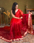 Crimson-Vermilion Red Pure Kora Silk Ombre-Dyed Handloom Saree