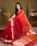 Crimson-Vermilion Red Pure Kora Silk Ombre-Dyed Handloom Saree