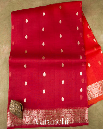 Crimson-Vermilion Red Pure Kora Silk Ombre-Dyed Handloom Saree