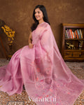 Onion Pink Floral Applique and Embroidered Pure Kora Silk Saree