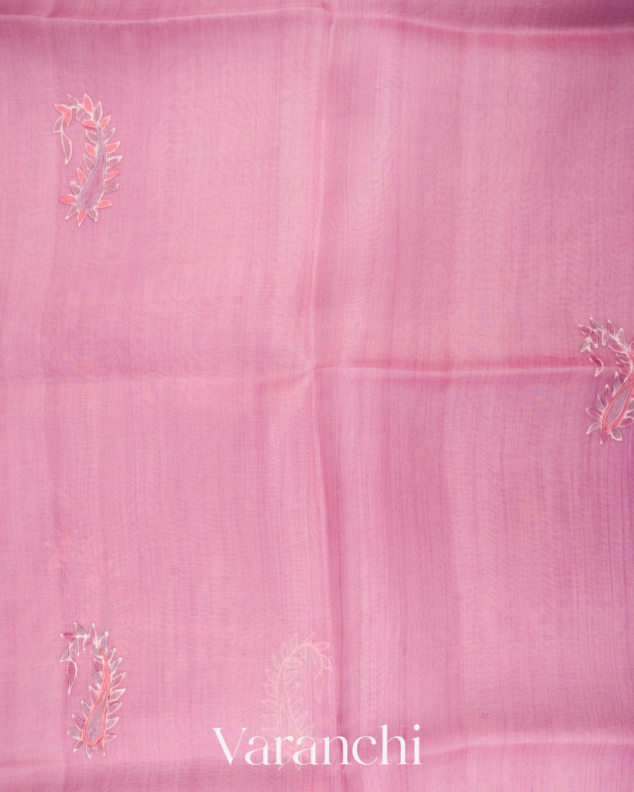 Onion Pink Floral Applique and Embroidered Pure Kora Silk Saree