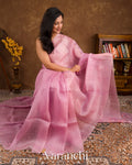 Onion Pink Floral Applique and Embroidered Pure Kora Silk Saree