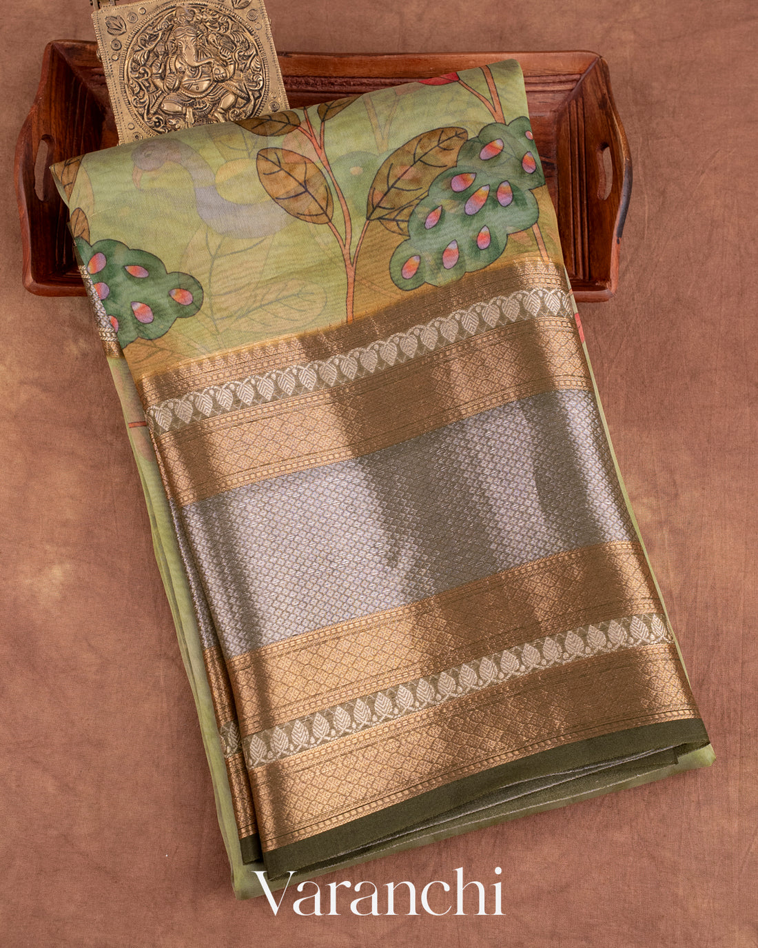 Light Olive Green Printed Pure Kora Silk Saree