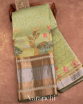 Light Olive Green Printed Pure Kora Silk Saree