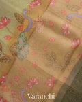 Light Olive Green Printed Pure Kora Silk Saree