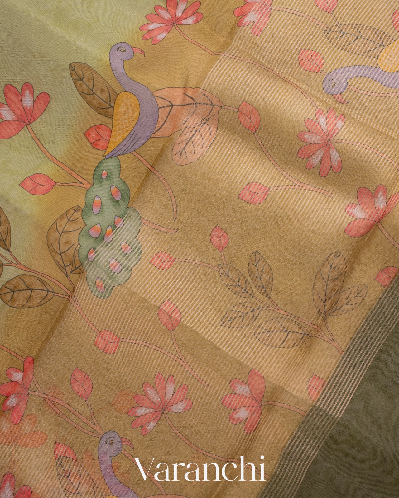 Light Olive Green Printed Pure Kora Silk Saree