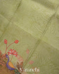 Light Olive Green Printed Pure Kora Silk Saree