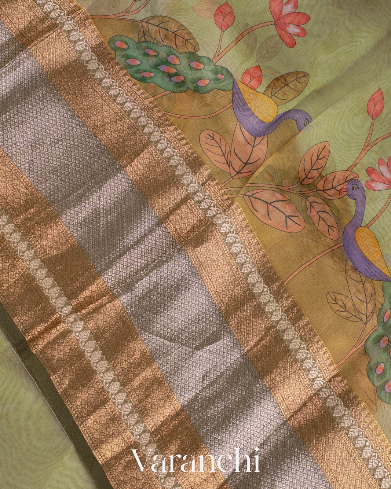 Light Olive Green Printed Pure Kora Silk Saree